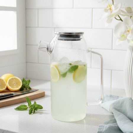 إبريق زجاجي شفاف مع غطاء ستانلس