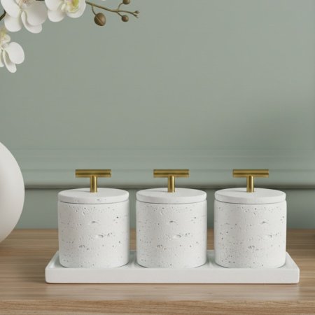 طقم ٣ سكريات مع صينية لون ابيض من الجبصين