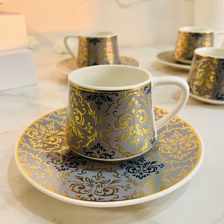 طقم 6 فناجين قهوة بورسلين بتصميم مزخرف باللونين الرمادي والذهبي