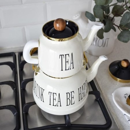 طقم إبريق شاي مزدوج لون أبيض كريمي