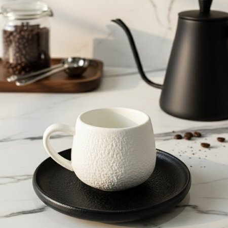 طقم ٦ فناجين قهوة محجر بلون أبيض غير لامع مع ٦ صحون بلون أسود
