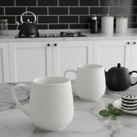 طقم ٦ أكواب شاي بورسلان حجم كبير بلون أبيض