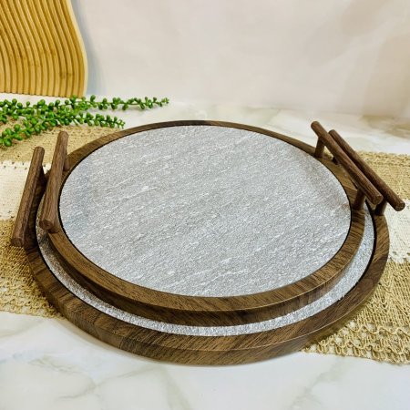 طقم صواني تقديم دائرية خشبية