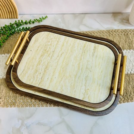 طقم صواني تقديم خشبية ورخامية أنيقة