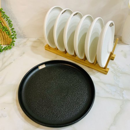 طقم ٦ صحون بورسلان ابيض وصحن اسود كبير