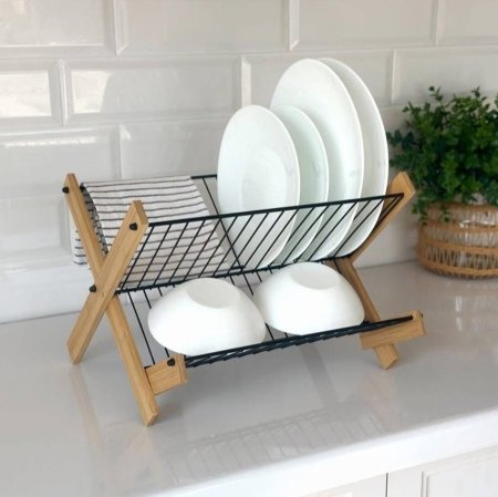 رف تجفيف أطباق خشبي قابل للطي