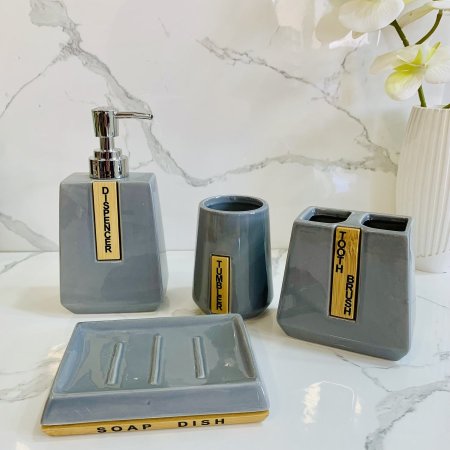 طقم مغسلة سيراميك 4 قطع بلون رمادي