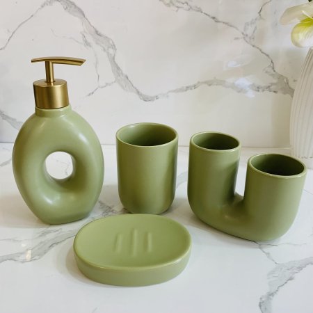 طقم مغسلة سيراميك 4 قطع بلون أخضر