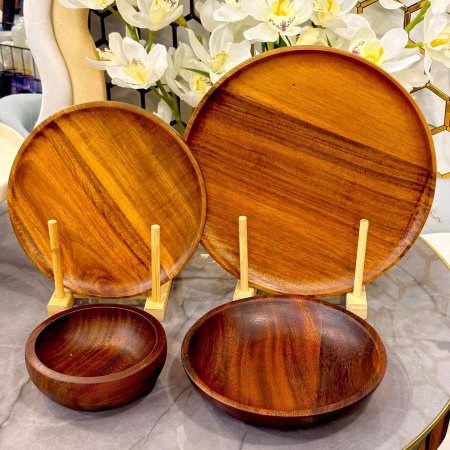 طقم صحون خشبية دائرية ٢٤ قطعة