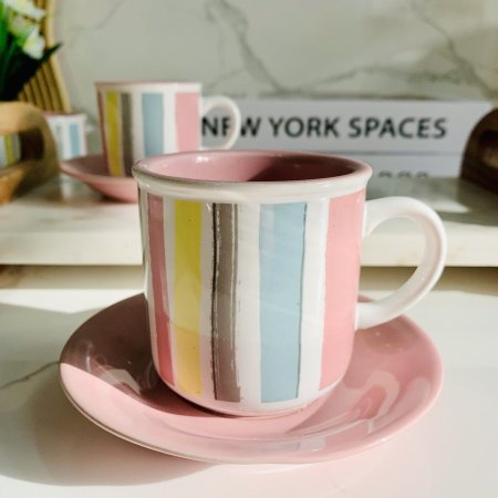 طقم فناجين قهوة بورسلان مع صحون بتصميم مخطط ١٢ قطعة