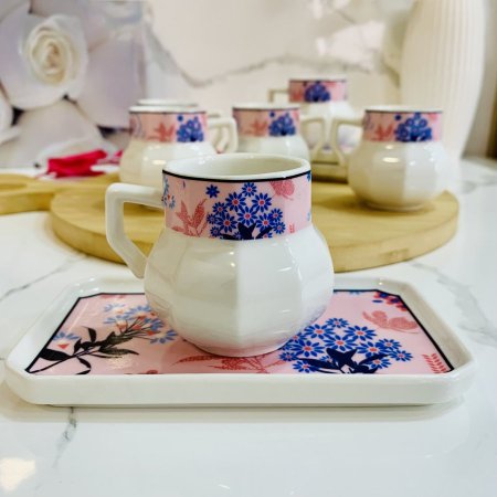 طقم فناجين قهوة بورسلين بتصميم وردي وأزرق