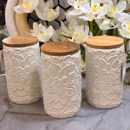 طقم 3 علب سيراميك ابيض بغطاء خشبي