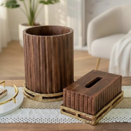 طقم صالون سلة وبكيت محارم خشب مع قاعدة بإطار ذهبي